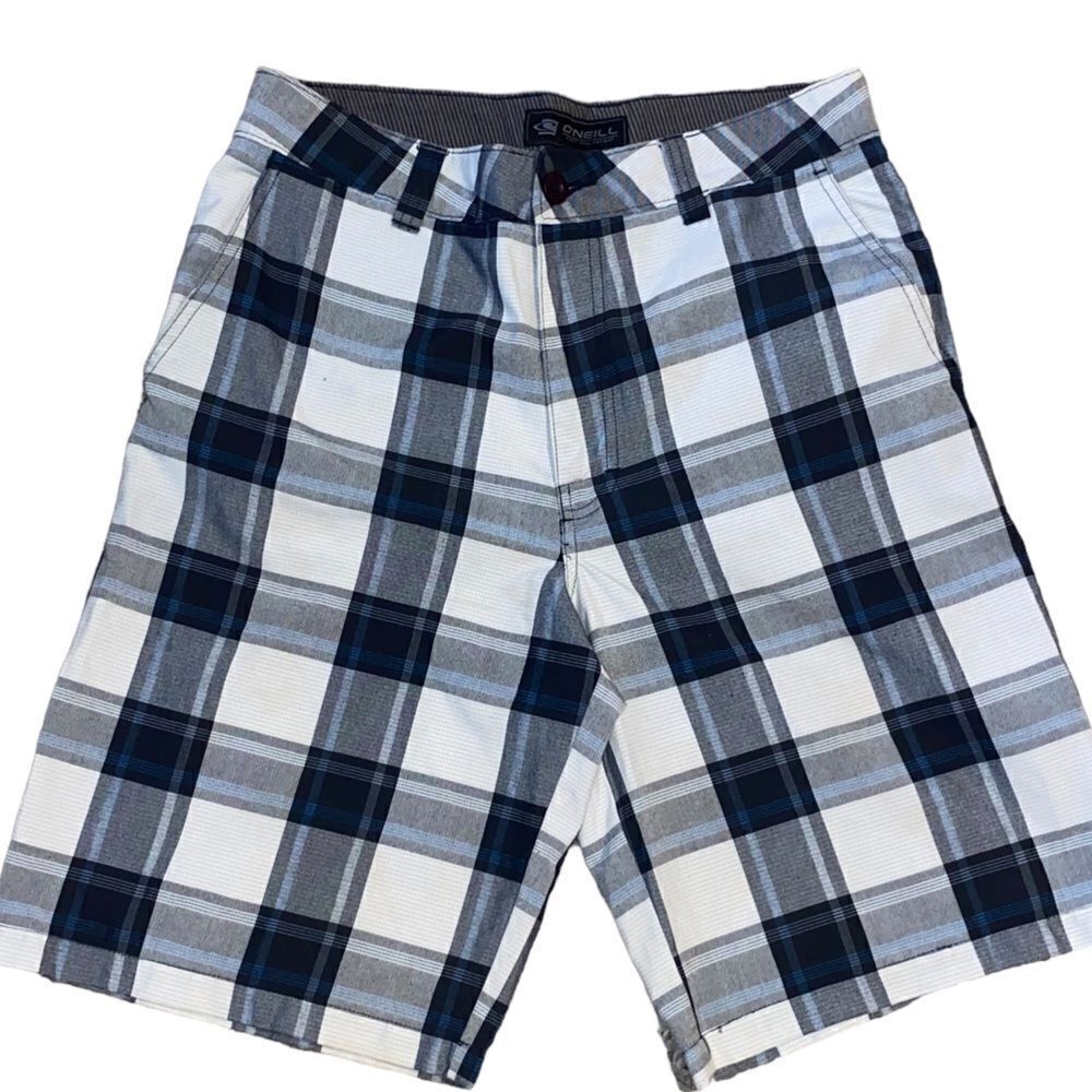 O’NEILL Men’s Sz 31 Gray Blue Plaid Casual Chino Flat Front Shorts